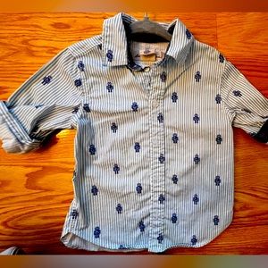 LOGG size 1 1/2- 2T boys blue long sleeve striped collared shirt w blue robots